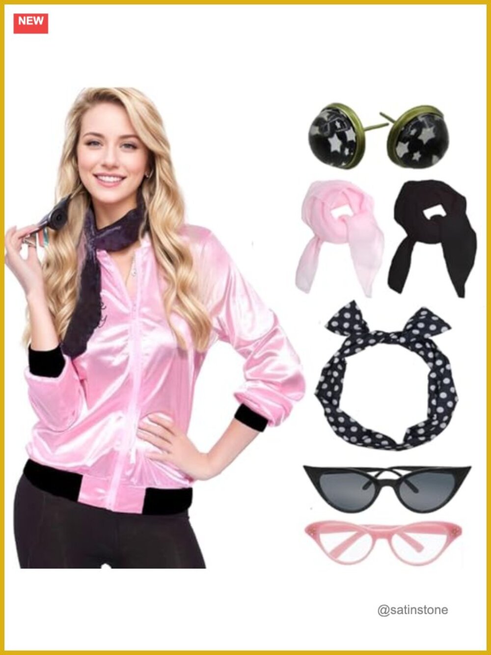 1950s Pink Lady Costume Set Satin Jacket Scarf Headband Earrings Glasses Retro